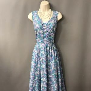 Laura Ashley Turquoise Floral Cotton Sleeveless Vintage Dress
